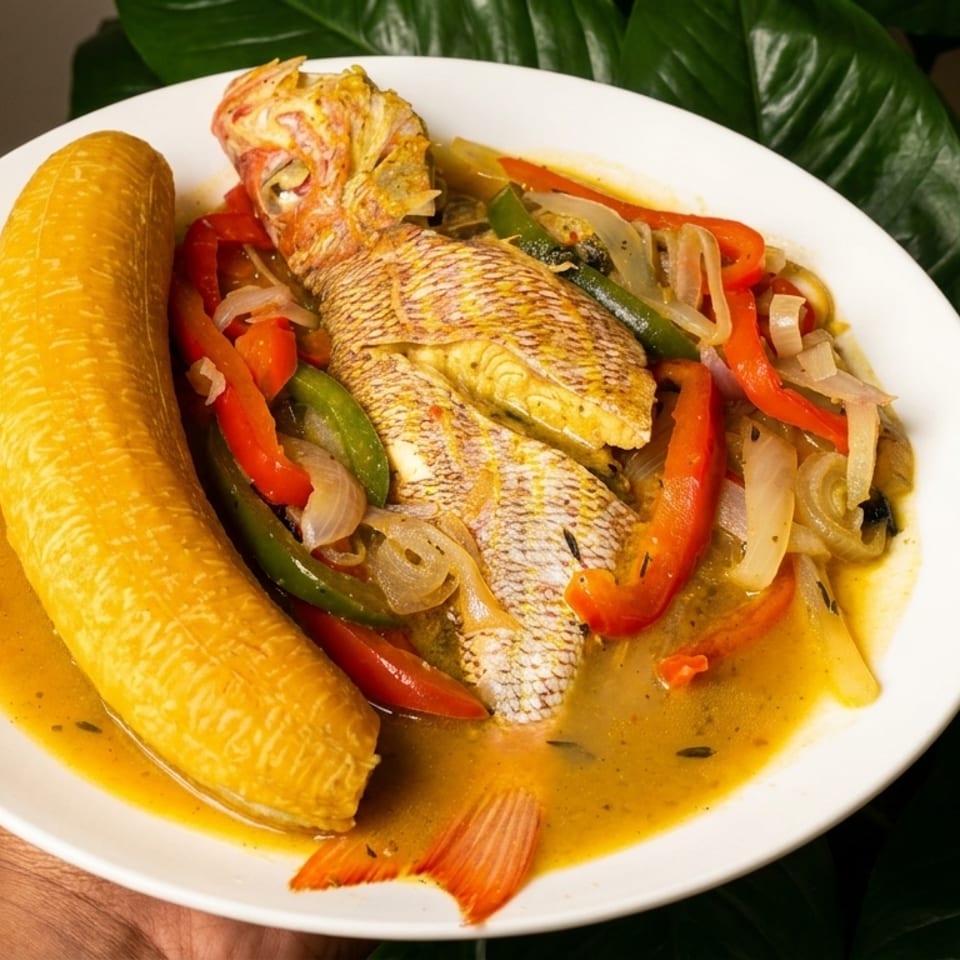 Whole cooked fish with bell peppers, onions, and a plantain in a sauce on a white plate.