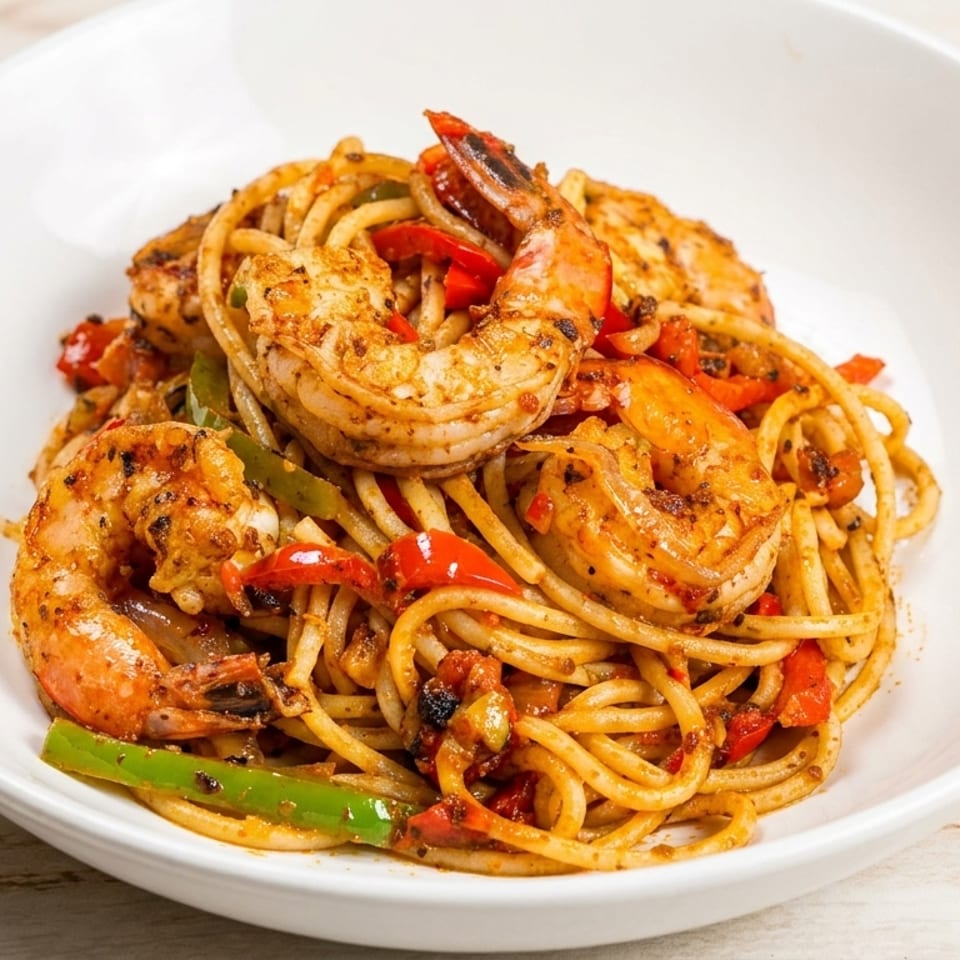 Spicy shrimp pasta with red and green bell peppers in a white bowl on a light wooden surface.