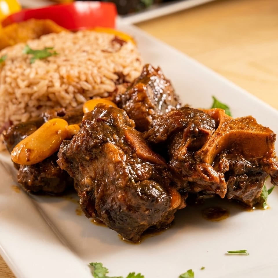 Braised oxtail with rice and peas, garnished with bell peppers and fresh herbs on a white plate.