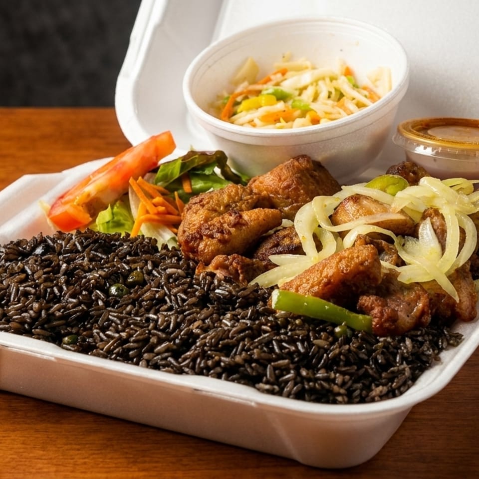 Takeout container with black rice, fried pork, pickled onions, salad, coleslaw, and sauce.