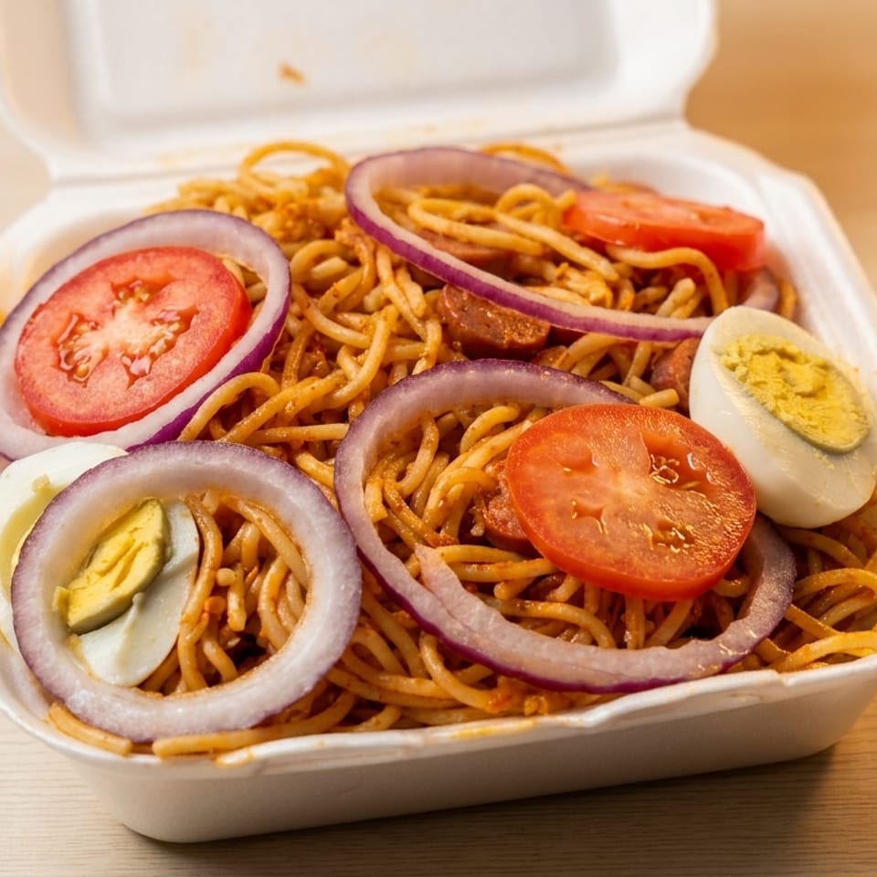 Spaghetti with sliced tomatoes, red onions, and hard-boiled eggs in a white takeout container.