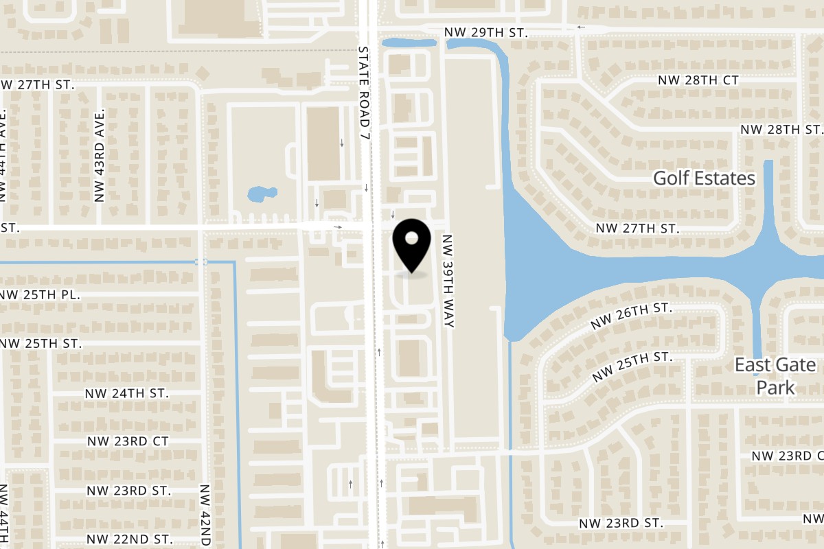 Map showing the location of Dutshy's Caribbean Restaurant on 2542 FL-7 in Lauderdale Lakes